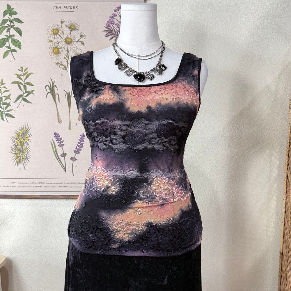 90s Y2k Floral Lace Sleeveless Top Dark Fairy Witchy Whimsigoth Romantic Goth L